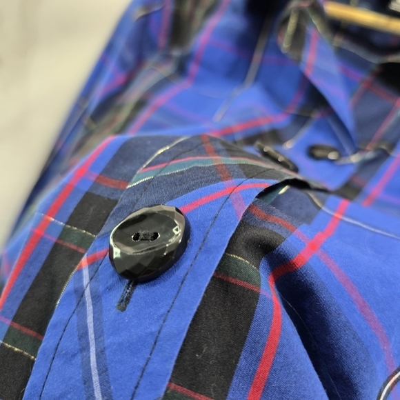 Foxcroft Shirt Women 18W Blue Black Gold Scotch Button Wrinkle Free Shaped Cuff - Picture 10 of 13